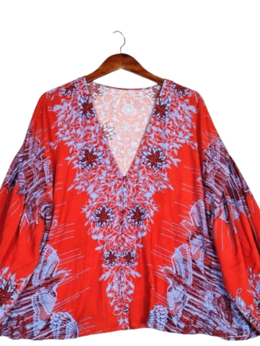 Free People Top Women's S Red Purple Floral Feather Print Balloon Sleeve Boho